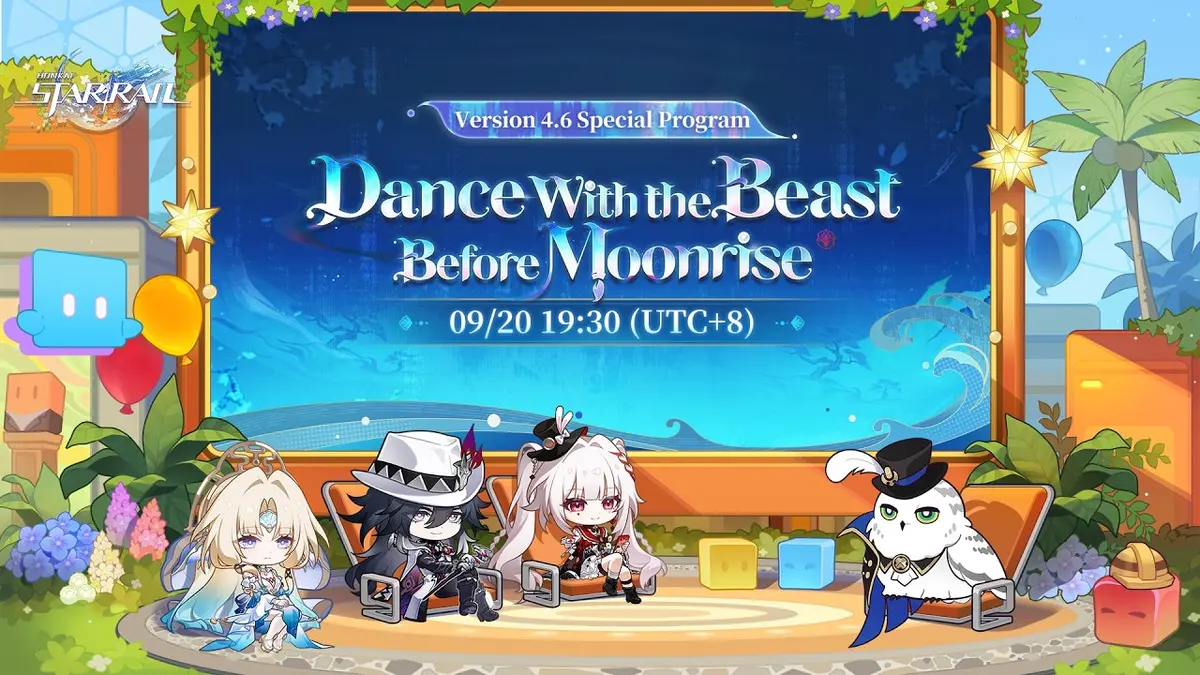 Chibi characters from Honkai: Star Rail sitting in cinema seats beneath a banner reading 'Version 4.6 Special Program - Dance With the Beast Before Moonrise'.