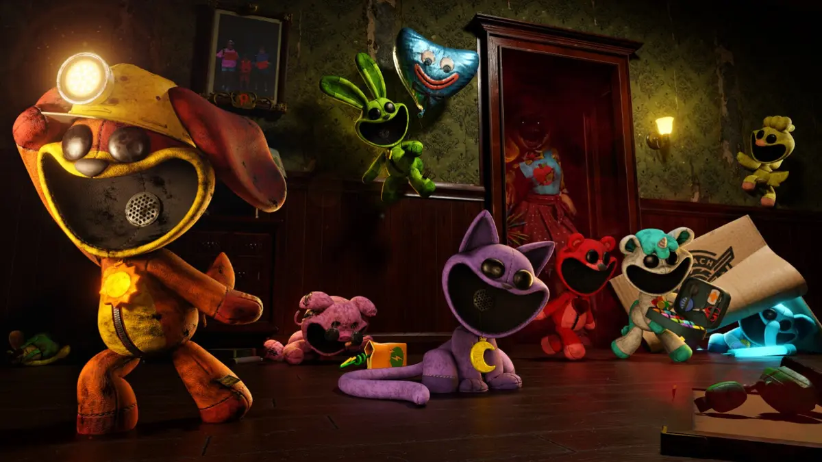 A group of smiling plush creatures in a dim, wood-panelled room: a yellow dog-like critter with a head torch in the foreground, with a purple cat, a red bear and a green rabbit gathered behind it among scattered toys and books.