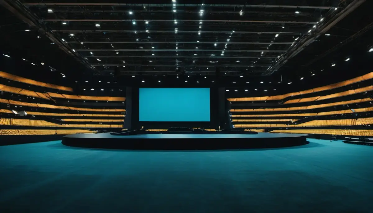 Illustration: an empty keynote arena at night, with tiered amber-lit seating curving around a dark stage and a blank glowing blue screen, above a teal-carpeted floor and a ceiling of rigged spotlights