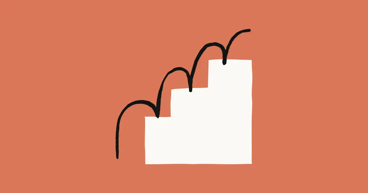 A white stepped bar chart with a hand-drawn trend line rising above it on an orange background.