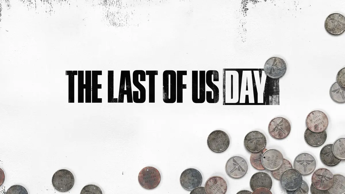 The Last of Us Day logo in black type on a white background scattered with collectible coins
