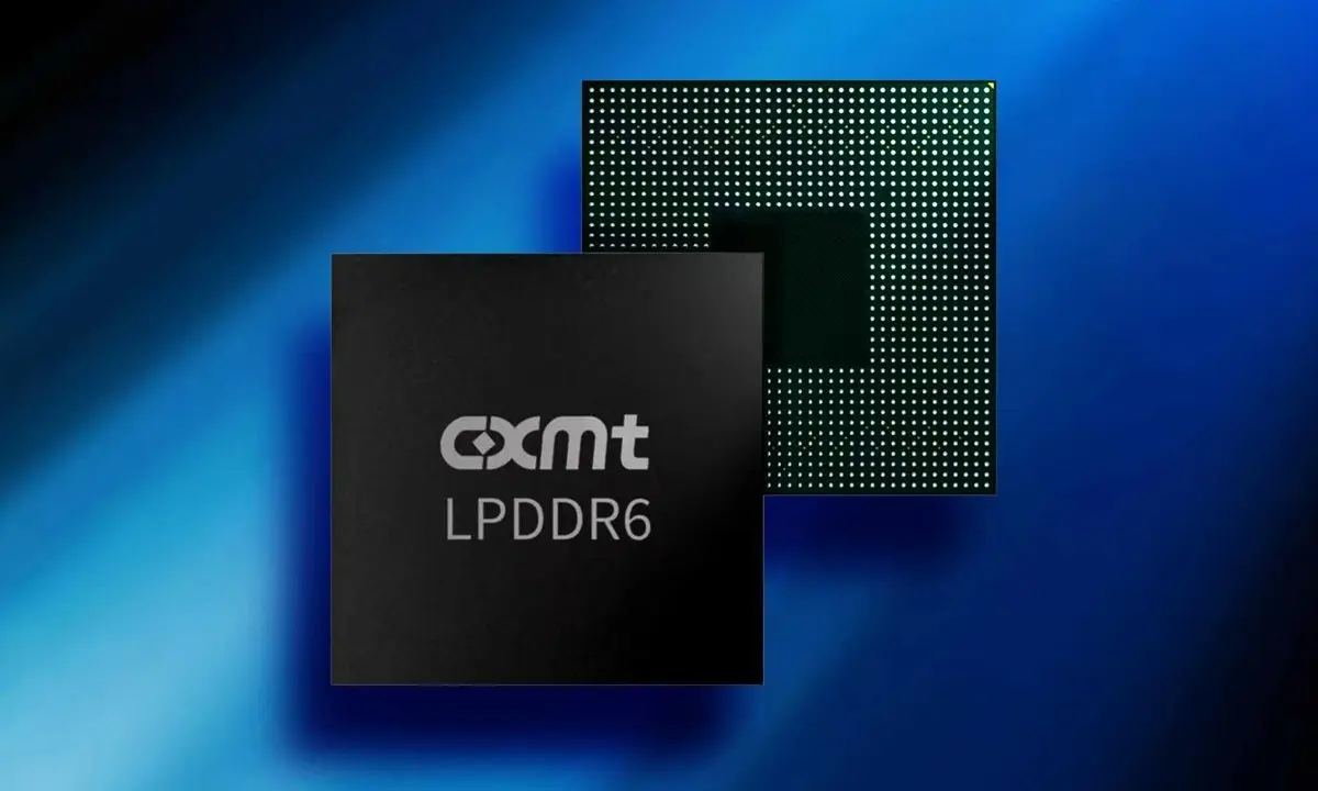 CXMT LPDDR6 memory chip product image showing a black chip package with the CXMT logo and LPDDR6 marking in front of a semiconductor die.