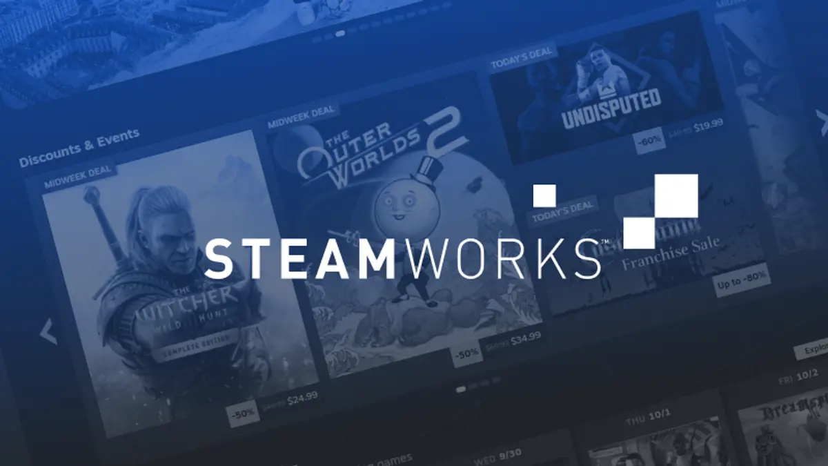 The Steamworks wordmark over a screenshot of Steam's Discounts & Events tab listing discounted games