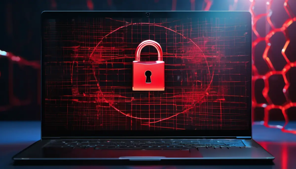 A laptop screen glowing dark red with a large open padlock icon at its centre, surrounded by broken circuit-board lines and shattered lock fragments