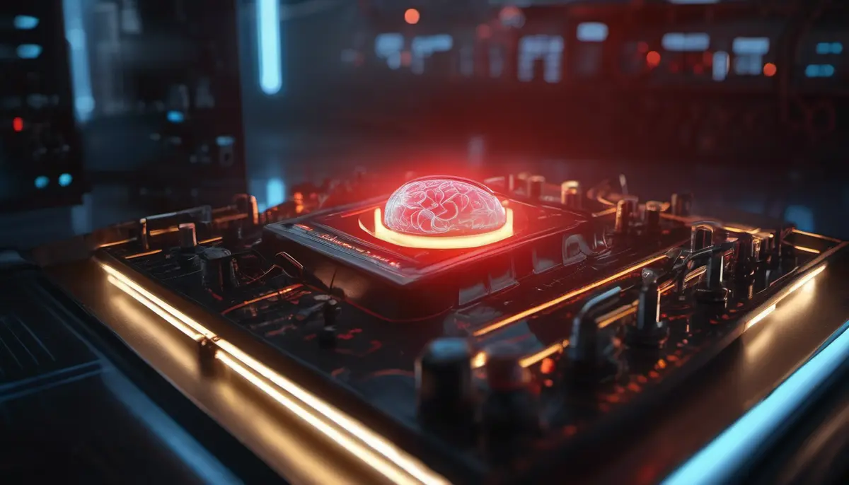 A glowing red industrial shutoff switch set into a dark control panel, ringed by circuitry shaped like a human brain, with amber and blue light trails flowing toward it