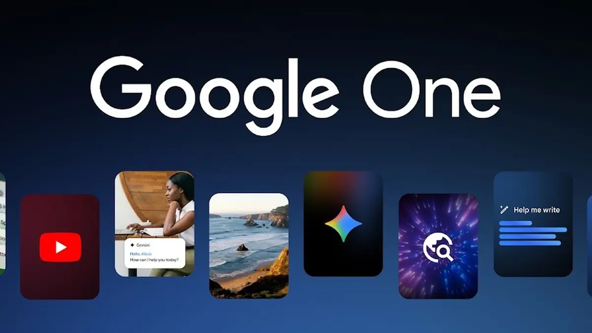 Google One branding above a row of app tiles, including the multicoloured Gemini spark, on a dark blue background