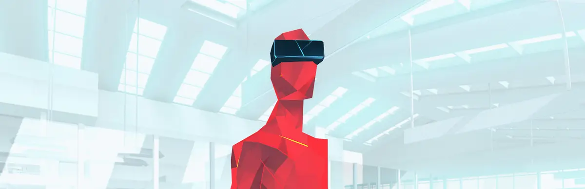 SUPERHOT VR key art showing a red crystal figure in a VR headset standing in a bright white corridor