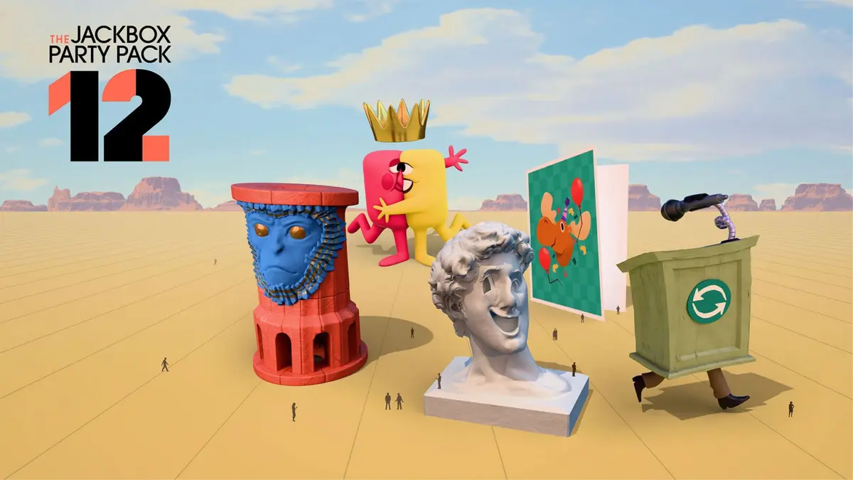 Official key art for The Jackbox Party Pack 12, showing the pack's characters gathered on a desert plain