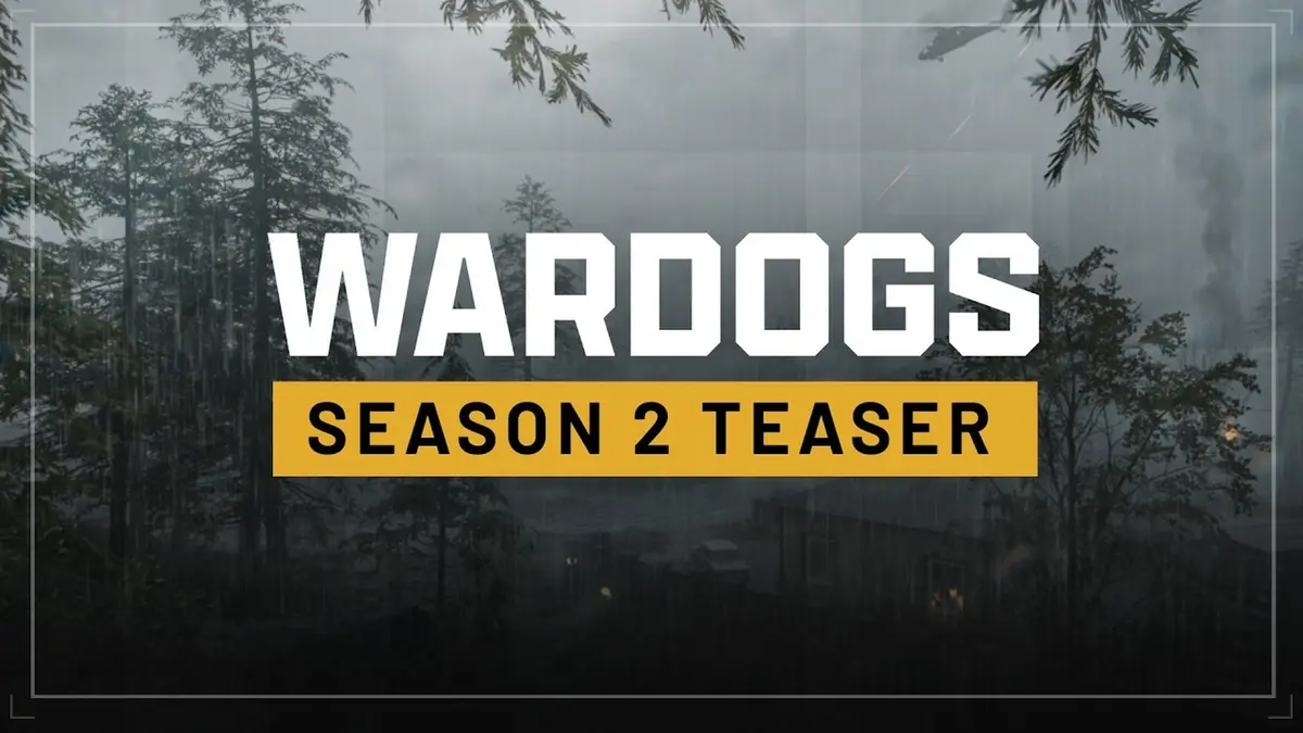 The WARDOGS Season 2 Teaser title card over a rain-soaked forest scene with a low building and vehicles in the gloom