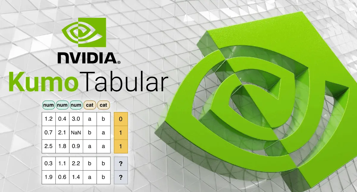 NVIDIA Kumo Tabular branding beside a sample table of numerical and categorical columns with predicted label rows