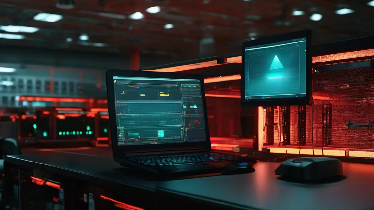 A laptop showing a dark monitoring dashboard sits on a desk in a red-lit data centre, a wall-mounted monitor behind it displaying a glowing teal warning triangle, with server racks receding into the background.