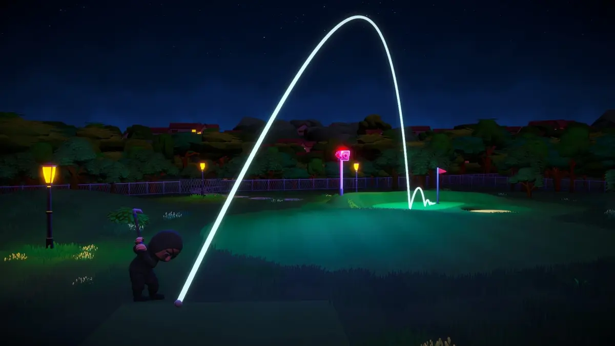 Really Illegal Golf screenshot showing a golfer in dark clothing mid-swing at night, the ball cutting a glowing white arc across a floodlit fairway towards a flag on the green