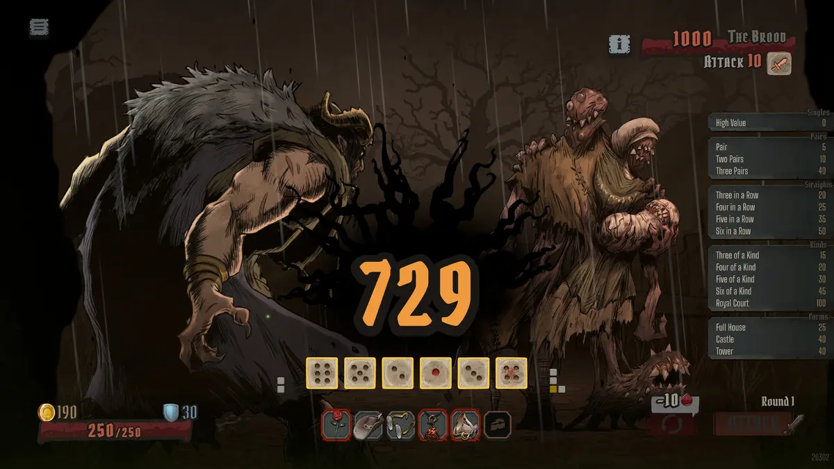 A GrimKeep gameplay screenshot showing a horned beast hero facing monstrous enemies as dice and a damage number fill the screen.