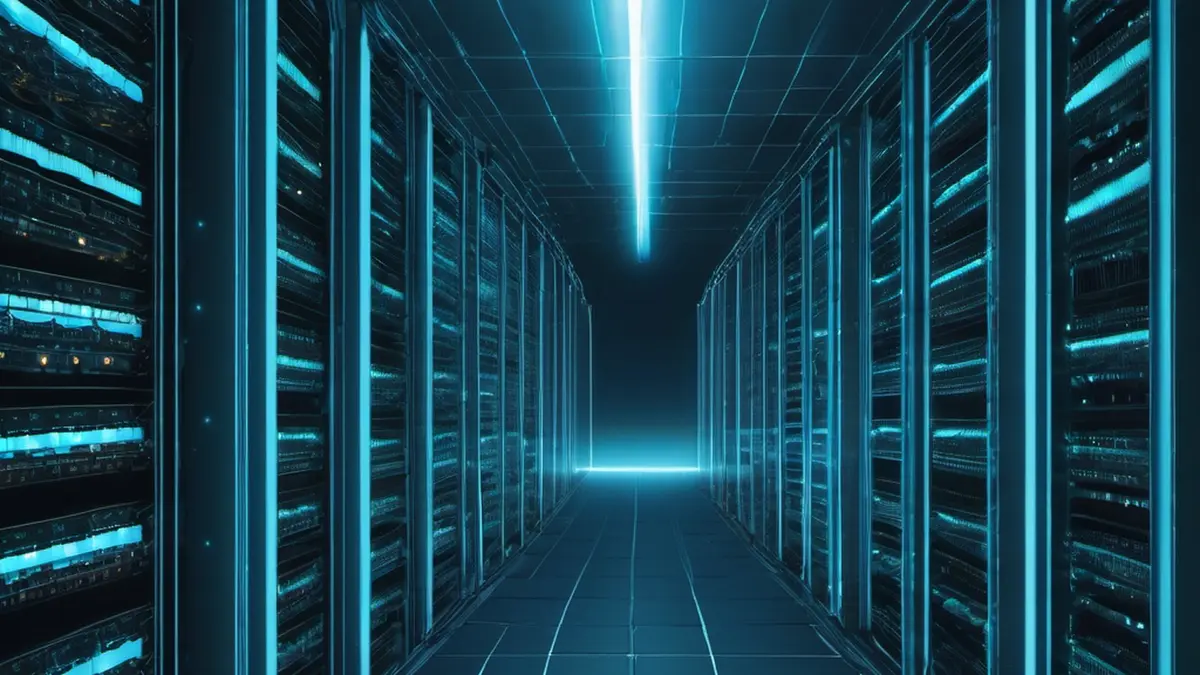 A dark data-centre corridor lit by a long cyan strip light, with rows of racks on either side