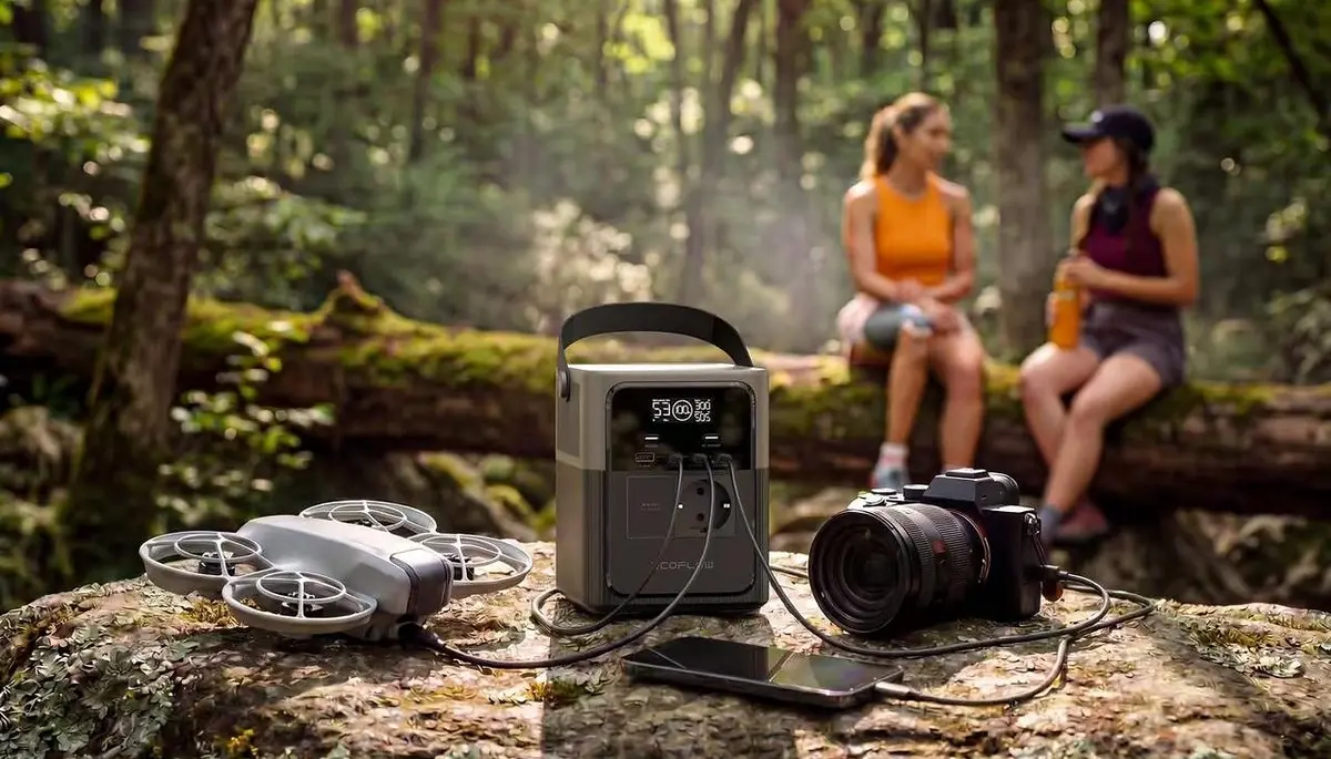 Supplied outdoor photograph showing an EcoFlow River Gen4 portable power station charging a drone, camera and phone in a forest setting.