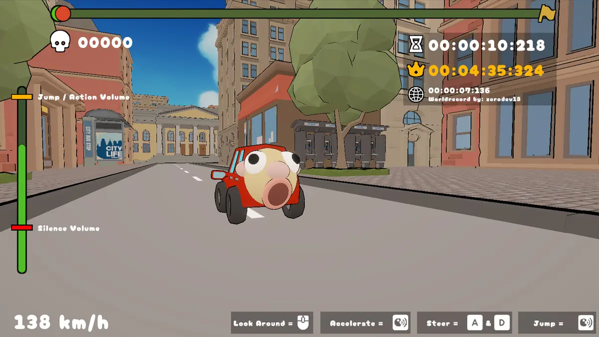 Official CAAAHR! screenshot showing the voice-controlled car with its mouth wide open on a city street, with the on-screen prompts showing the microphone used to accelerate