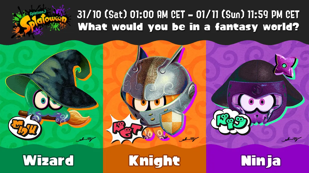 Splatoween 2026 key art featuring wizard, knight and ninja themed Splatoon characters