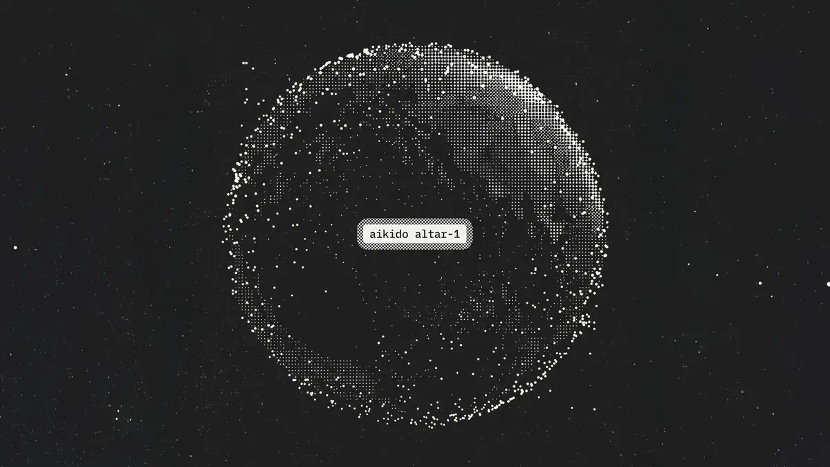 Aikido's announcement artwork for its Altar model: a sphere built from white pixels on a black background, with a caption pill across the centre reading aikido altar-1.