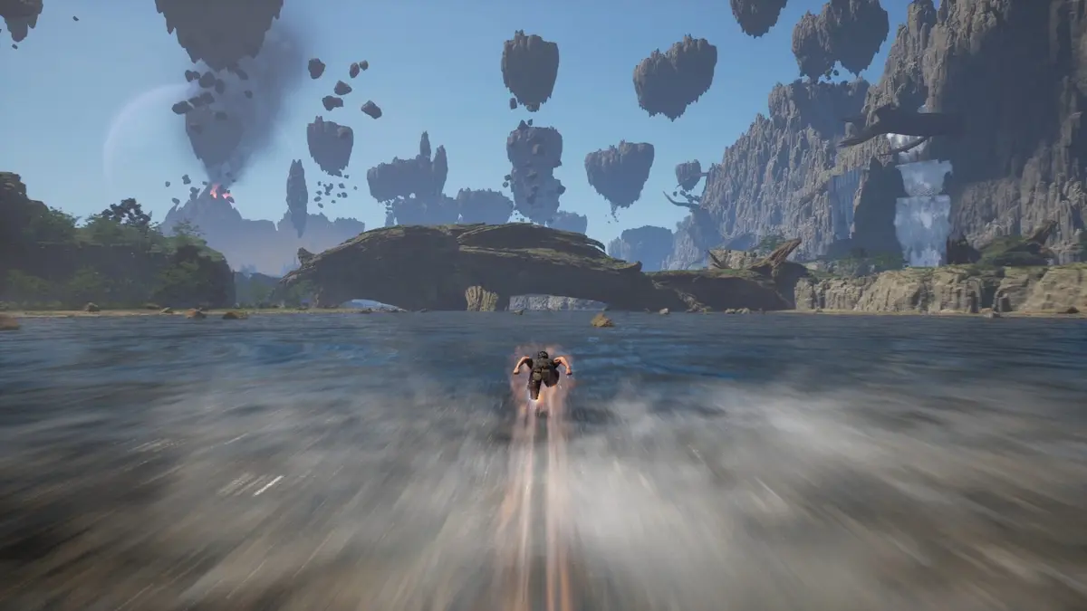 A superhero in a black and red suit skimming low over water towards a rocky arch in UNDEFEATED: Genesis, with floating rock islands and a plume of smoke in the sky above.