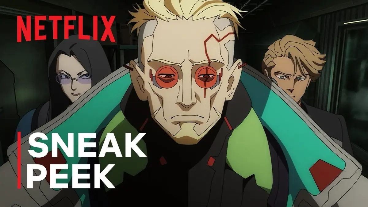 Key image for the Cyberpunk: Edgerunners 2 Cyberpsycho sneak peek: a pale, chrome-scarred figure with two glowing red optical implants and a high collar, flanked by two dark-clad characters, with the red Netflix wordmark at the top left and a baked-in SNEAK PEEK caption at the bottom left