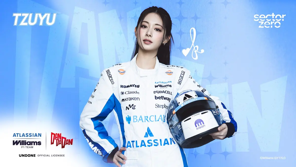 TZUYU of TWICE in a Williams F1 race suit holding a crash helmet, with the DAN DA DAN and Atlassian Williams F1 Team collaboration logos and the Sector Zero mark