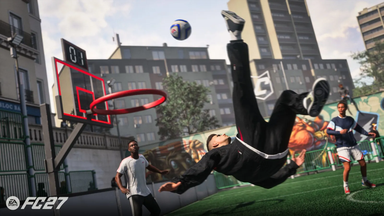 A footballer performing a bicycle kick on a small urban pitch beside a basketball hoop.