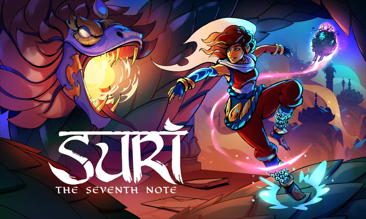 Key art for SURI: The Seventh Note showing Ajira leaping mid-beat with a glowing trail at her feet, a horned dragon to her left and an Indian skyline behind her.