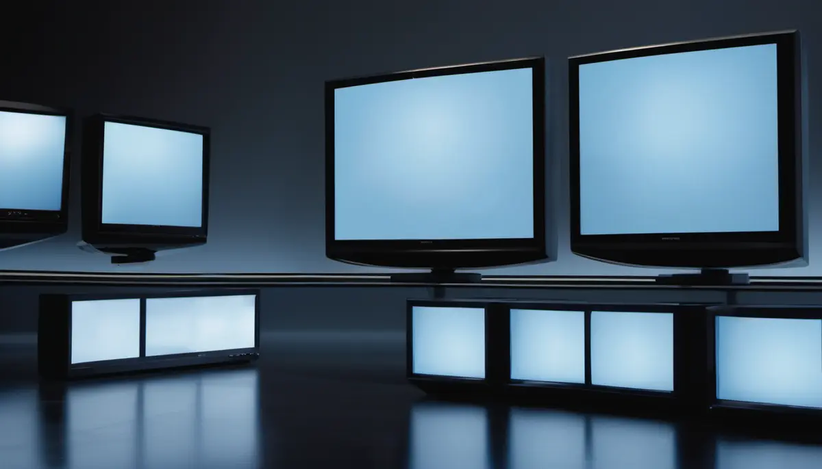 A row of large flat-panel televisions with blank pale-blue glowing screens lined up against a dark studio wall on a polished floor
