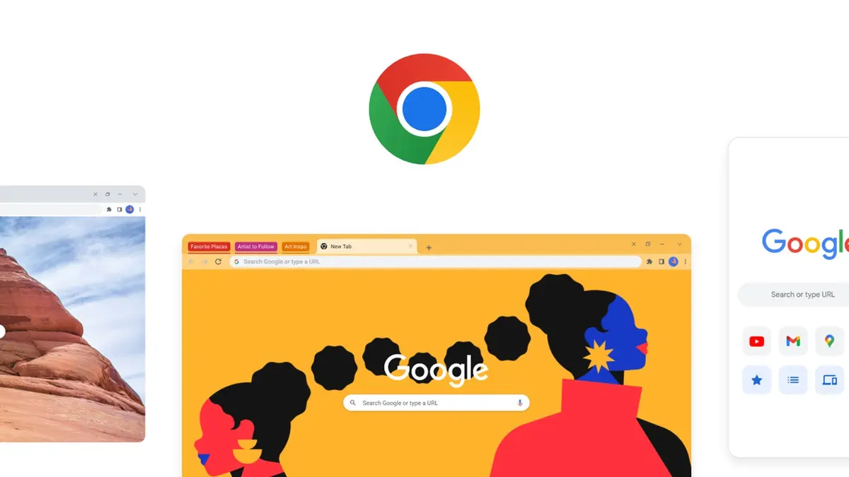Google's Chrome artwork showing the browser's colourful logo above three browser windows, including a yellow Google Search page and a white Google start page