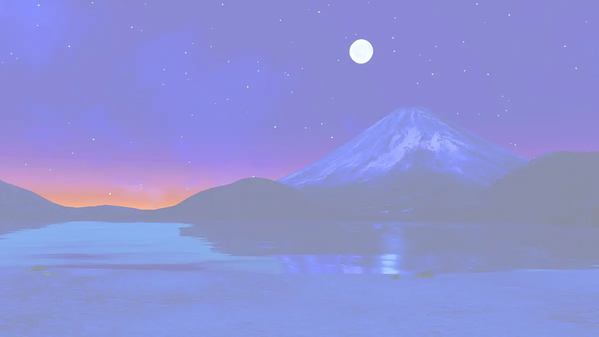 A lakeside campsite at dusk beneath a moon and a sky full of stars, with snow-capped Mount Fuji rising behind the water - the official key art for *Laid-Back Camp All-In-One!! Chill Time*