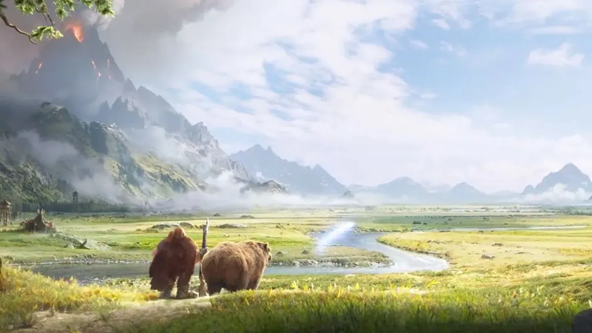 World of Warcraft heroes stand in a sunlit valley beneath distant mountains.