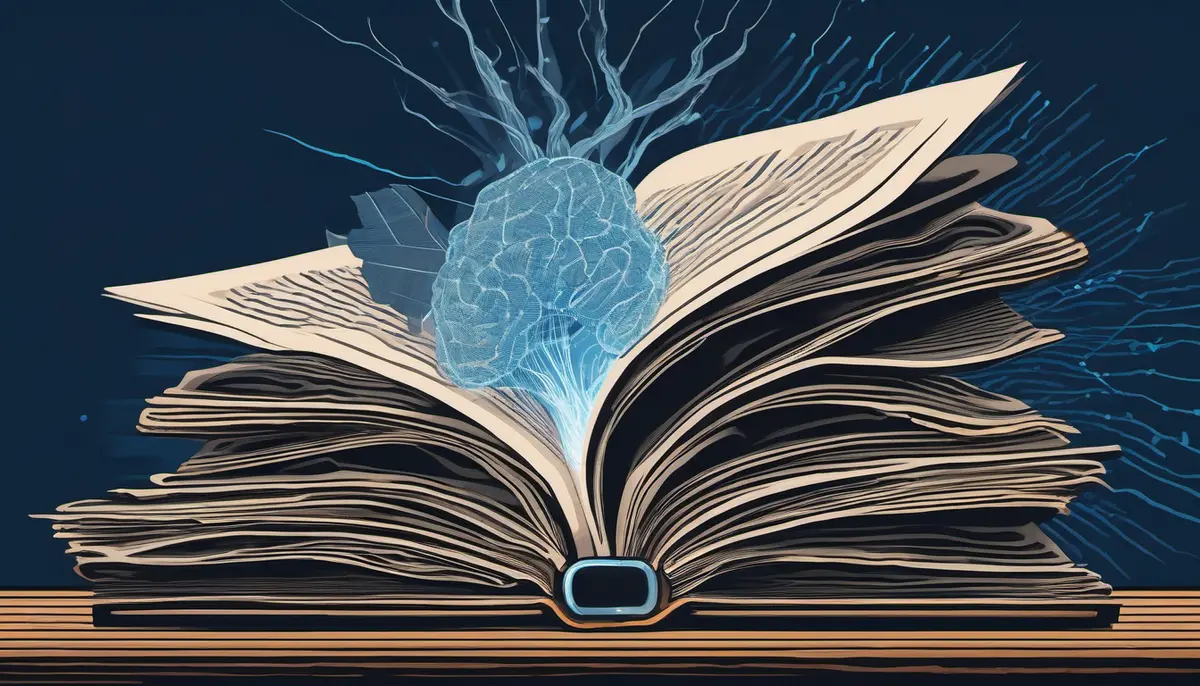 Editorial illustration of printed newspapers facing a glowing neural-network AI brain with a scale of justice between them, symbolising the AI copyright lawsuit.