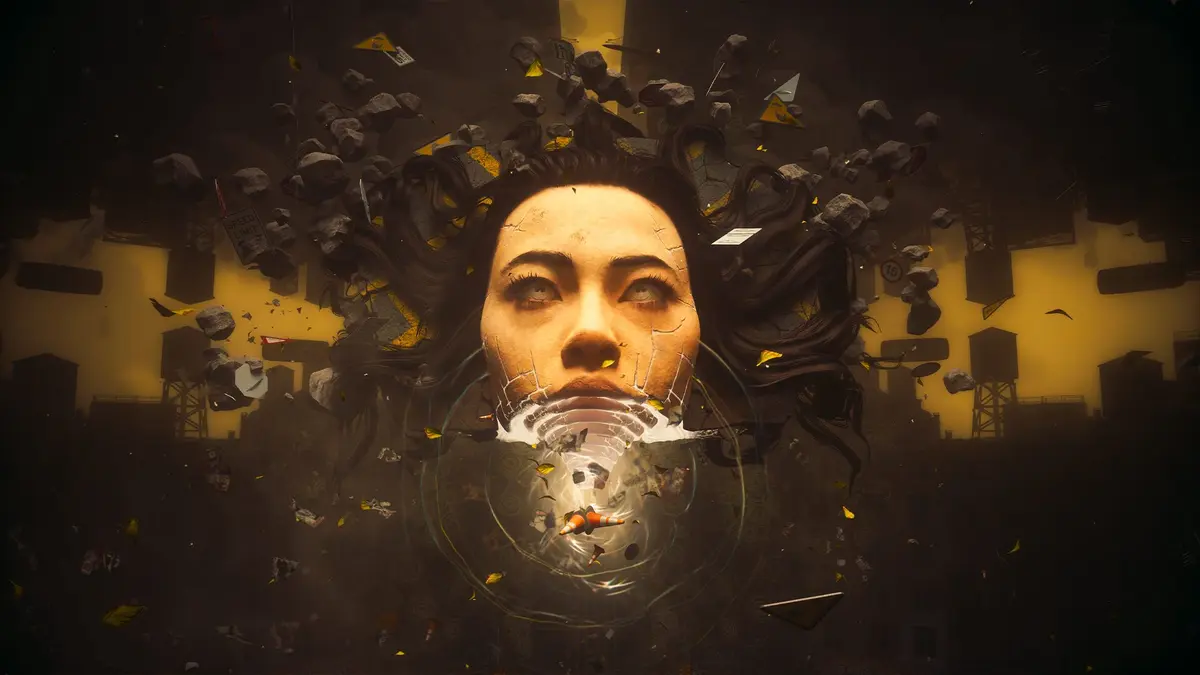 Key art for Control Resonant showing a colossal cracked face with glowing eyes above a yellow-lit Manhattan skyline, surrounded by floating rubble and yellow taxis, with a swirling tunnel opening beneath the face.