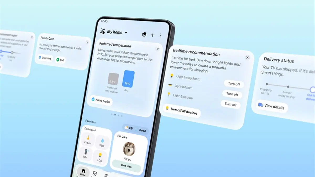 Samsung SmartThings app home screen showing a SmartThings Now card for preferred temperature, a Family Care card offering check-in and call options, a bedtime recommendation card with Turn off buttons, and a pet care dashboard