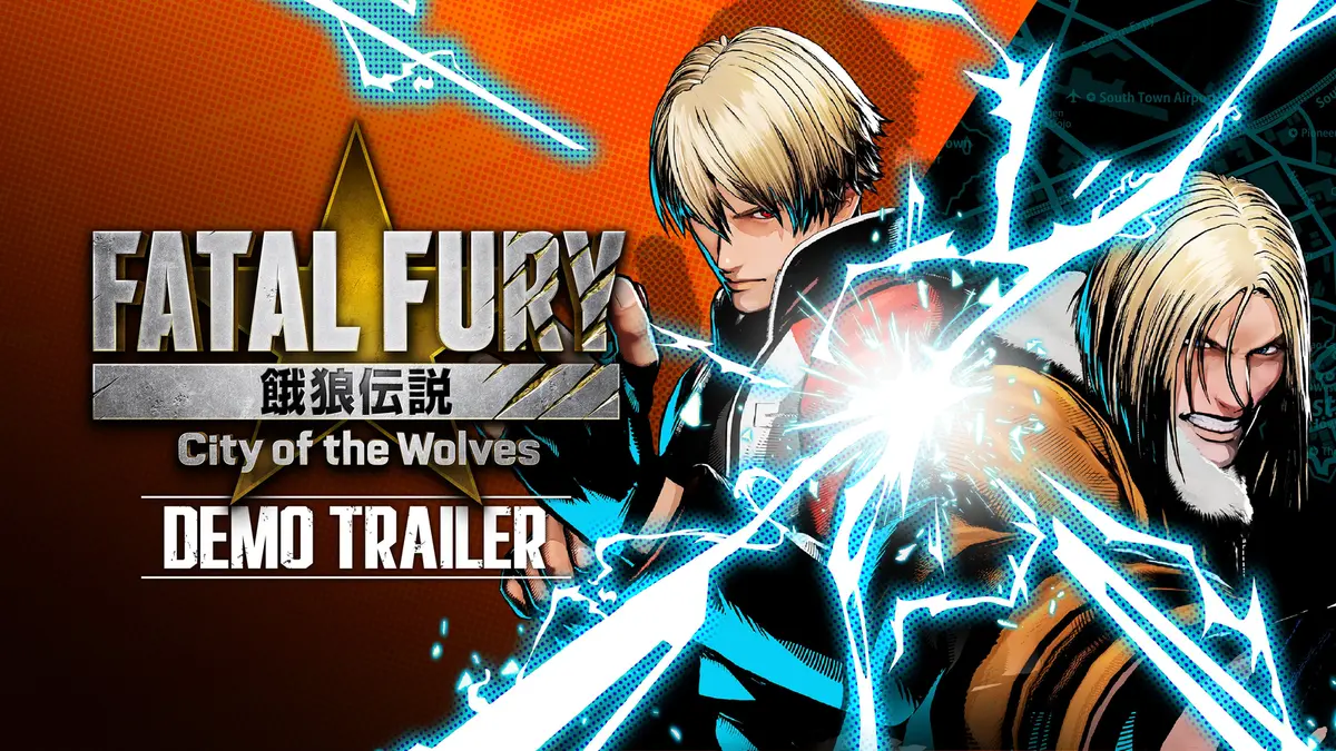 Rock Howard and Terry Bogard facing off under the Fatal Fury: City of the Wolves logo on lightning-streaked orange and blue key art