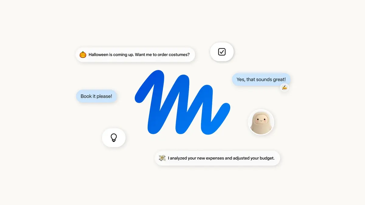 Meta's Muse announcement card: a blue brushstroke M on a pale background, ringed by chat bubbles including "Halloween is coming up. Want me to order costumes?" and "I analyzed your new expenses and adjusted your budget."