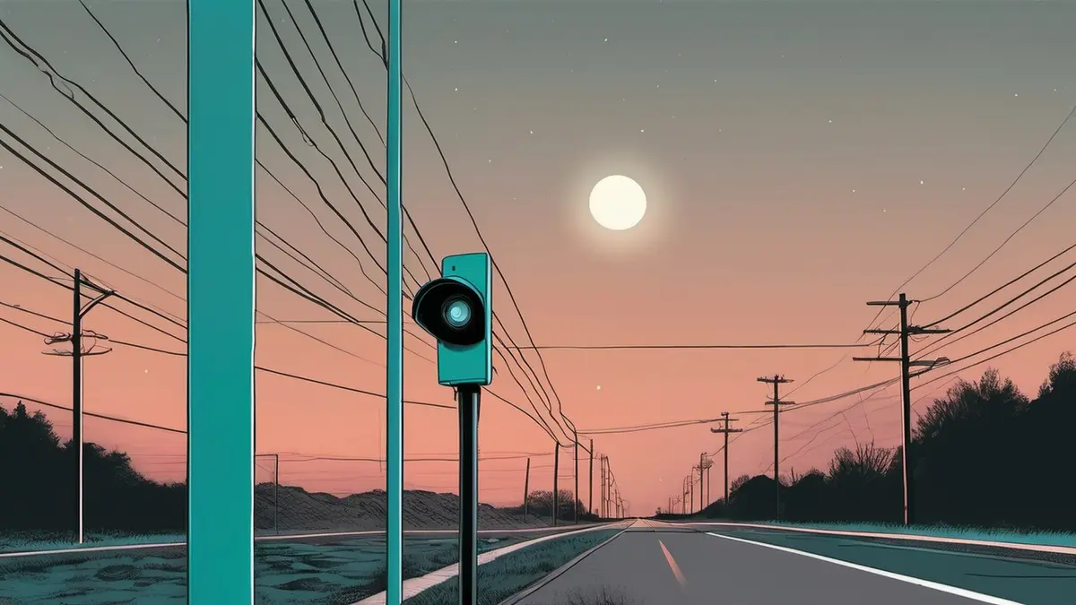 An illustration of a pole-mounted roadside camera beside a suburban street at dusk, with faint data lines rising from the road into the sky