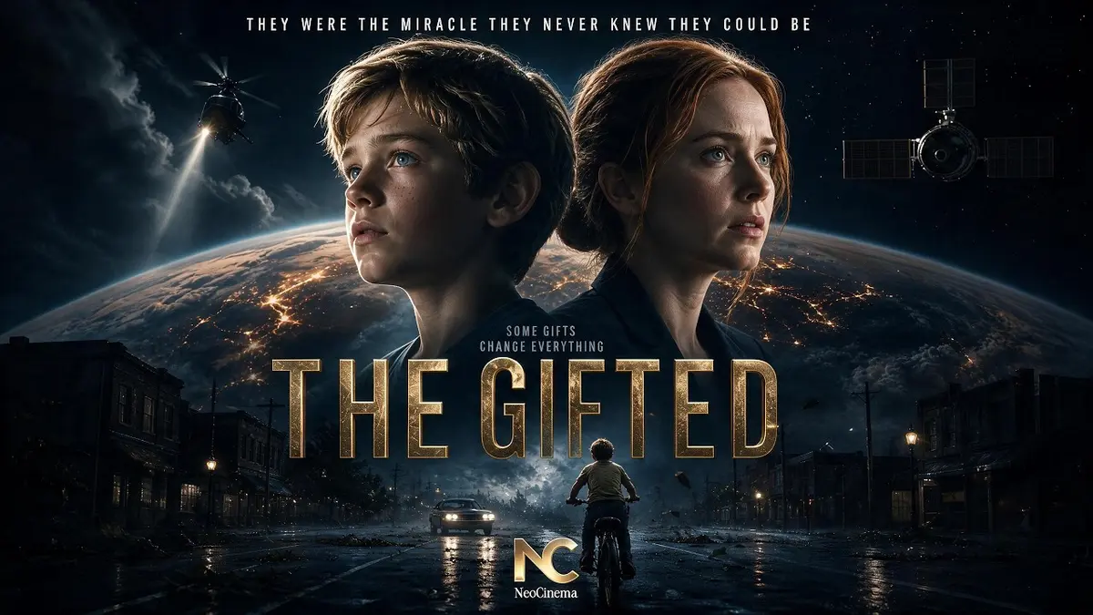 Official poster art for the short film The Gifted, showing a boy and a woman in profile against a night sky above a glowing curve of the Earth, with a helicopter and a satellite overhead, the stylised gold title The Gifted across the centre and the tagline they were the miracle they never knew they could be along the top