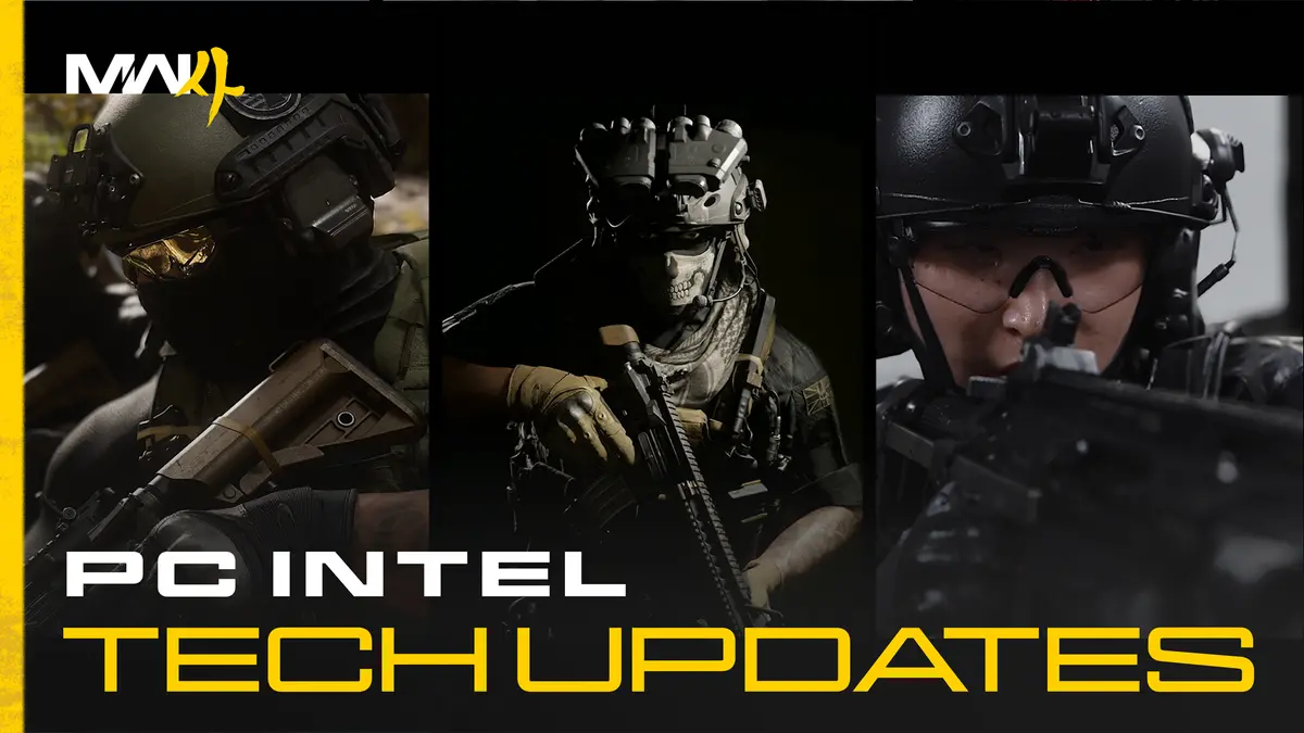 Three Modern Warfare 4 operators in tactical gear above the words PC intel and tech updates, rendered for the PC version of the game