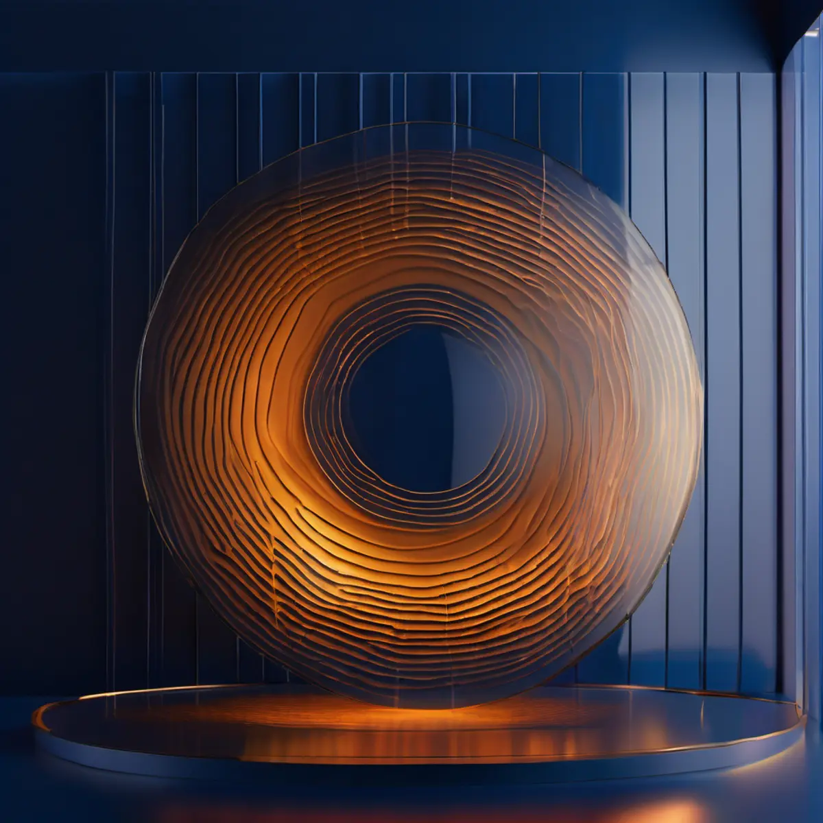 A translucent glass disc etched with concentric amber rings, lit from within against a dark blue space