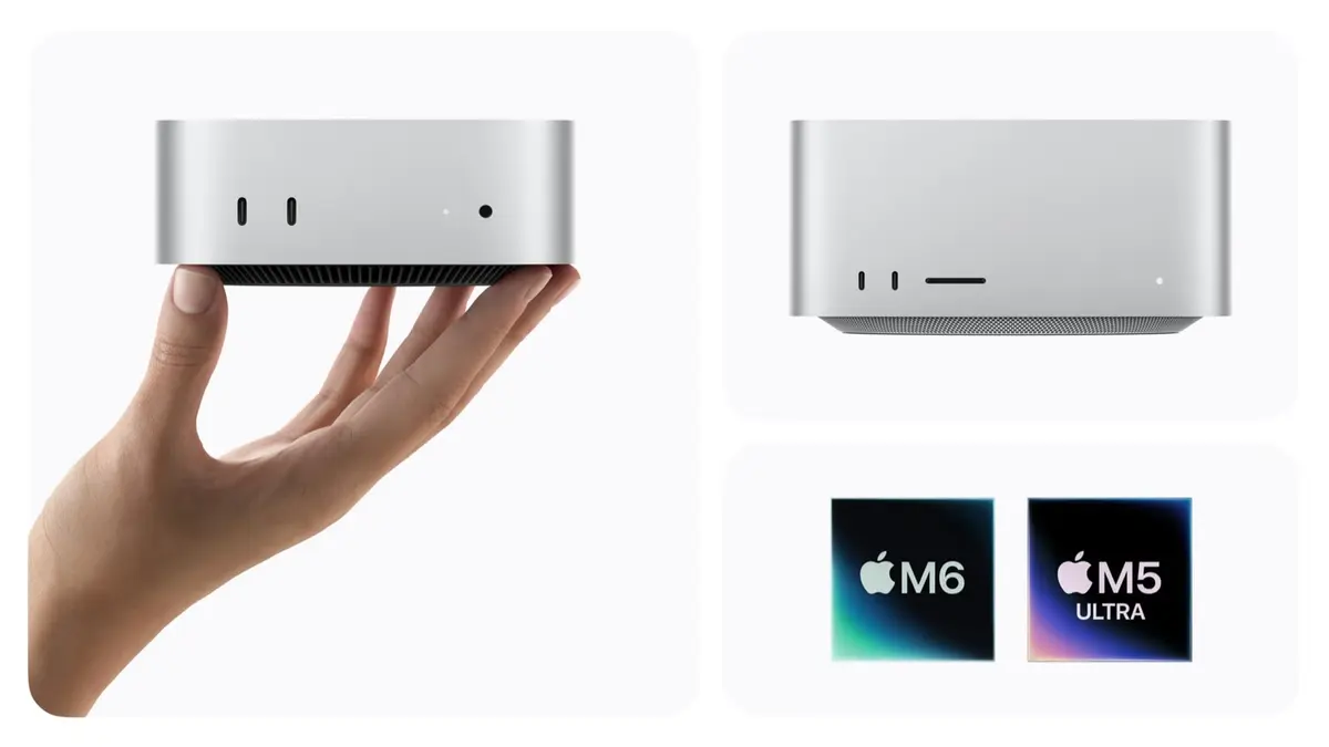 Apple's newsroom image for the new desktops: a hand holding the compact silver Mac mini with two front USB-C ports, beside a render of the taller Mac Studio and the M6 and M5 Ultra chip badges on a white background.