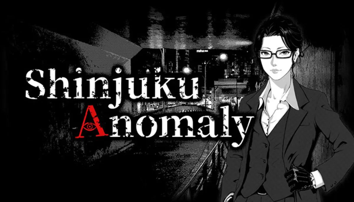 Key art for Shinjuku Anomaly showing the title in white lettering over a rain-slicked night street in Shinjuku, with a bespectacled figure in a suit and gloves standing to the right