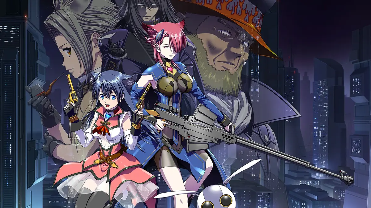 Angelian Trigger key art showing the two lead detectives, Mia and Sheryl, in a neon-lit future city with a floating spherical robot.