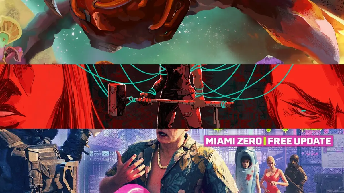 Three stacked panels of official key art: Mycopunk's fungal creature and crew, Virtue and a Sledgehammer's red scene of a figure holding a sledgehammer, and a Miami street scene from Quarantine Zone: Miami Zero captioned "Miami Zero Free Update".