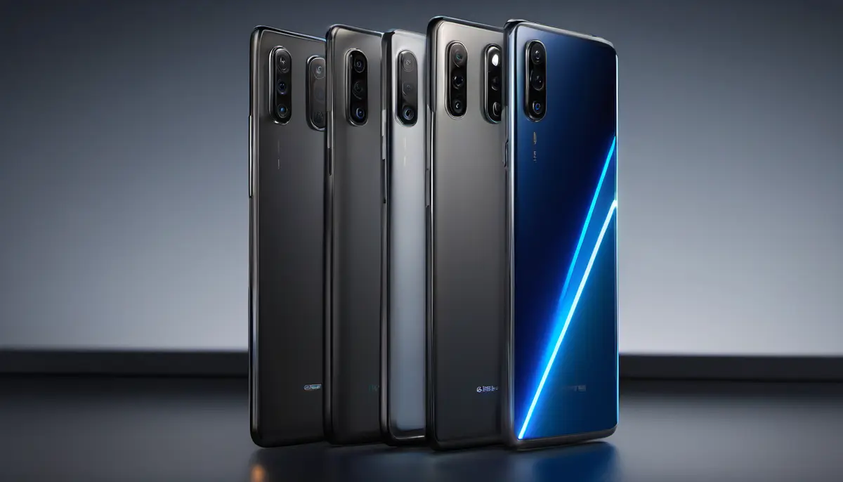 Modern smartphone on a graphite surface with a cool blue glow suggesting extended battery life