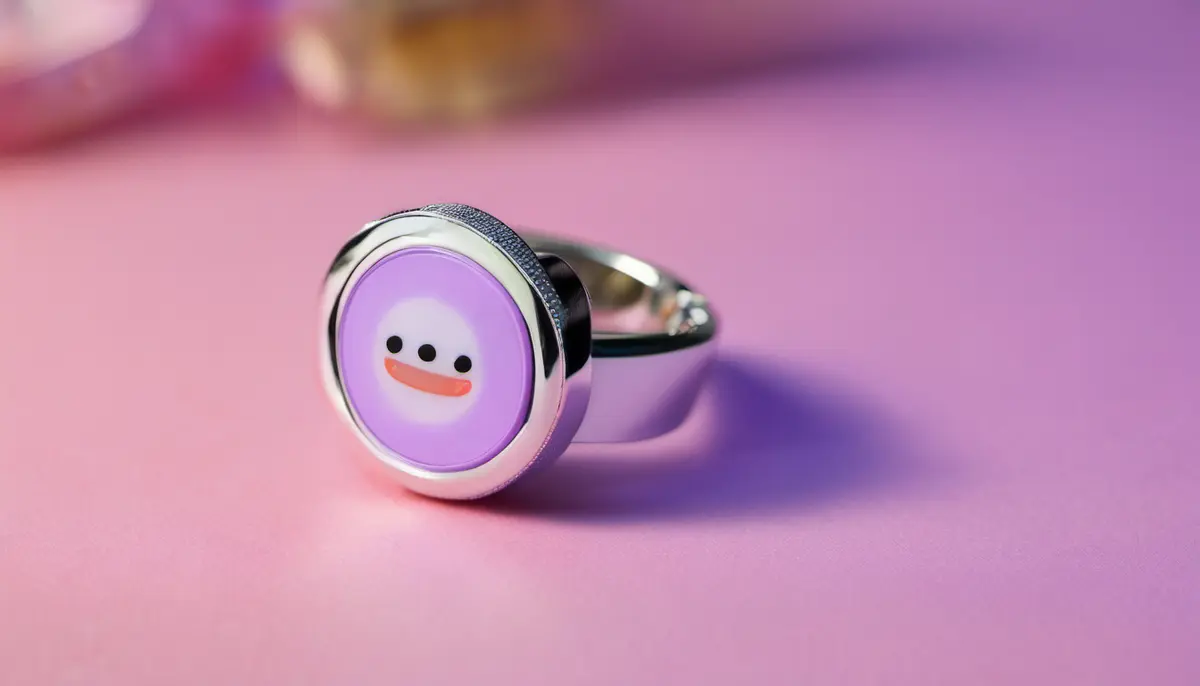 Original illustration of a small digital pet ring with a glowing circular screen on a pink surface