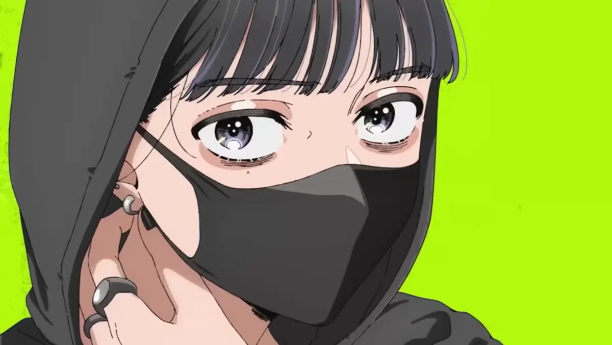 character visual from The Guy She Was Interested in Wasn’t a Guy at All showing Mitsuki in her black hood and mask against a vivid green background.