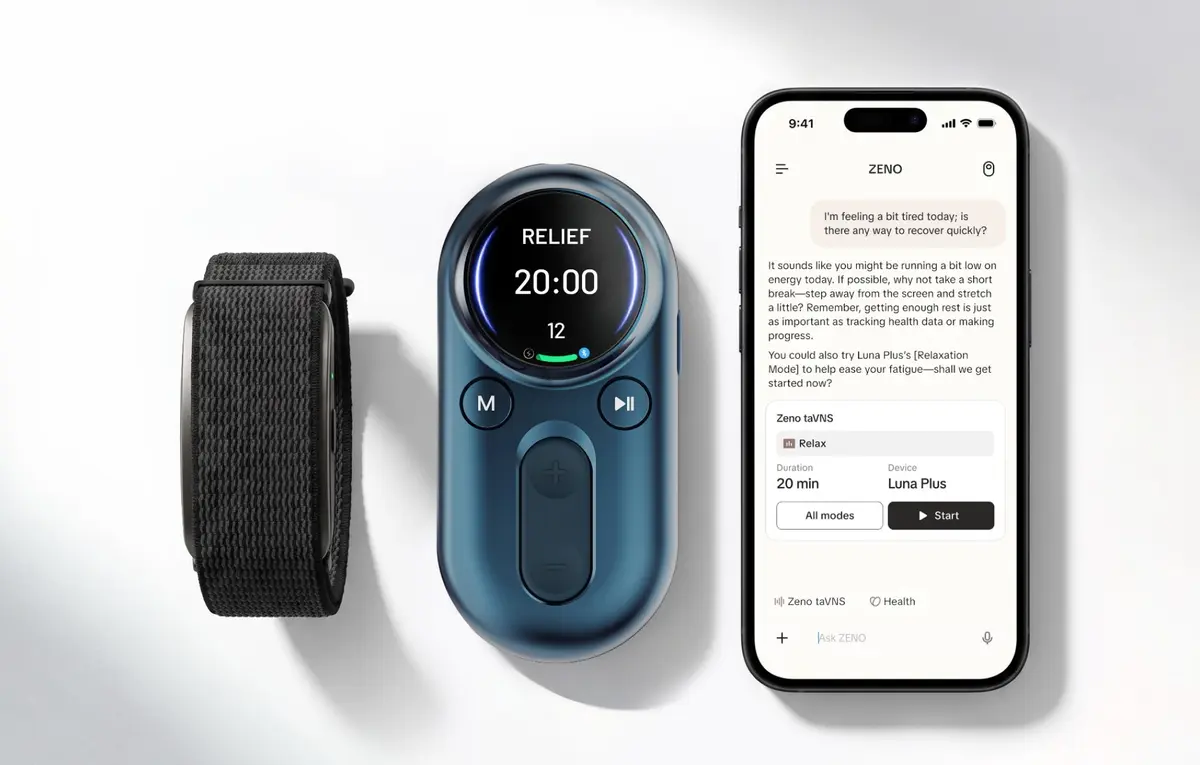 ZenoWell Luna Plus vagus-nerve stimulation device, wearable band and companion smartphone app shown together on a white background.