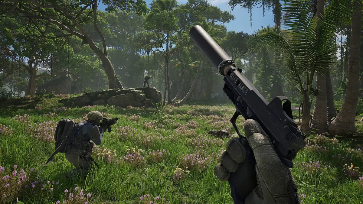 In-game screenshot from PUBG: Black Budget showing two armed Contractors moving through tall grass on a jungle island.