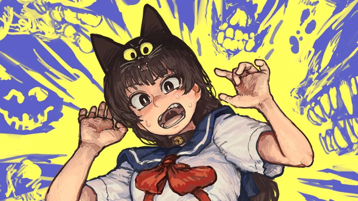 The key art for Chanta's manga Noro-Noro Puku-Puku: a schoolgirl in a sailor top, mouth open in a scream, with a wide-eyed black cat perched on her head against a yellow and blue background